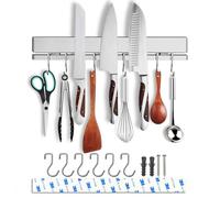 HomeSimplex 12 Inch Magnetic Knife Holder with 6 Hooks - No Drill Required - Double Magnetic Bar - Stainless Steel & Neodymium - Kitchen Utensil Hanger - White Or Black