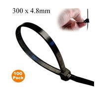 Homesmart 100 X Black Releasable Cable Ties 300mm X 4.8mm Reusable Wire Tidy Zip Wrap Straps