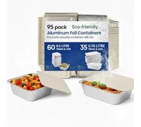 HOMESmith 95 Pack Aluminium Foil Trays with Lids Containers Strong and Large Tin Foil Food Take Away Container Disposable Food Take Out Box with Lid|Mixed Sizes (65×0.5L + 30×0.75L) |