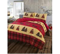 HomeSpace Direct Brushed Cotton Flannelette Tartan Stag Duvet Cover Set - Red - Super King