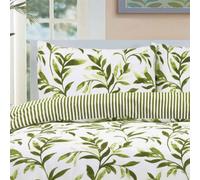 Homespace Direct Ellie Green Watercolour Leaves Duvet Cover Set Striped Reverse Fully Reversible Bedding - King