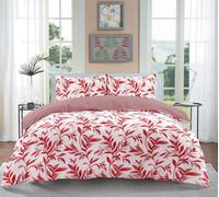 Homespace Direct Ellie Red Watercolour Leaves Duvet Cover Set Striped Reverse Fully Reversible Bedding - King