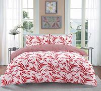 Homespace Direct Ellie Red Watercolour Leaves Duvet Cover Set Striped Reverse Fully Reversible Bedding - King