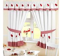 HomeSpace Direct Poppies Pencil Pleat Kitchen Curtains and Tiebacks 66 x 48 inch Embroidered Floral Gingham Checked, Polyester, Red/White, 66 x 48-Inch