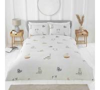 HomeSpace Direct Purrrfect Reversible Duvet Cover Set Cats and Stripes Bedding Natural - Natural - Single