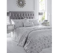 Homespace Direct Ravina Jacquard Woven Quilt Duvet Cover and 2 Pillowcase Bed Set Floral, Polyester, Silver, Super-King