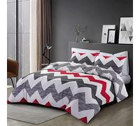 Homespace Direct Zig Zag Stripe Double Bedding Duvet Cover Set Modern Style Red/Grey Polycotton