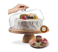 Homesphere Acacia Wood Cake Stand with Lid - 12in Round Cake Holder, 2-in-1 Dessert Table Display Set & Charcuterie Board for Cheese, Chips & Dips, Nachos, Fruit Platter, Large Acrylic Cake Dome Cover