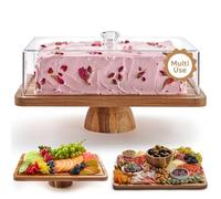 HOMESPHERE Acacia Wood Cake Stand with Lid - Rectangular Cake Holder, 2-in-1 Dessert Table Display Set & Charcuterie Board for Cheese, Chips, Fruit Platter, Large Acrylic Cake Dome Cover, No Glass