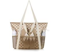 HOMESPON Beach Tote Bag for Women with Zip and Pockets Large Waterproof Handbag for Travel Pool Shopping Holiday Gym (Checkered Brown White)