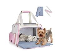 HOMESPON Cat Carrier Airline Approved, Foldable Pet Travel Bag with Steel Frame, 3-Layer Removable Mat & Anti-Escape Zipper, For Cats Dogs Up to 8kg (Pink)