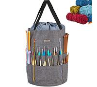 HOMEST Large Crochet Bag with Customized Front Compartment for Knitting Accessories, Yarn Storage with 6 Oversized Grommets, Tote Organizer with Drawstring Closure, Gray