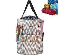 HOMEST Large Crochet Bag with Customized Front Compartment for Knitting Accessories, Yarn Storage with 6 Oversized Grommets, Tote Organizer with Drawstring Closure, Ripple
