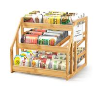 HOMESTEAD Bamboo Can Organizer for Pantry - 3 Tier Rack with Adjustable Dividers, Gravity Feed Canned Goods Organizer, 36 Cans Soda Storage