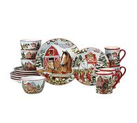 Homestead Christmas 16-Piece Dinnerware Set - Holiday Tableware for 4 with Festive Horse & Barn Scenes - Winter Ceramic Plates, Bowls & Mugs - Farmhouse Country Christmas Décor