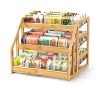 HOMESTEAD Rolling 3-Tier Bamboo Can Organizer | Space-Saver Adjustable Design Can Dispenser Rack, Heavy-Duty Frame Holds Up to 36 Cans, Suitable for Food & Drink, Kitchen Cabinet & Pantry Organization