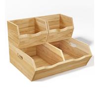 HOMESTEAD Wood Pantry Organizers Bins - Stackable Storage, Rustic Pantry Potato and Onion Storage with Unique Natural Grain, Wooden Basket with Handles, Set of 3 Pieces