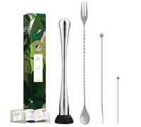 Homestia 4PCS Muddler Set for Cocktails, 10 Inch 304 Stainless Steel Cocktail Muddler for Mojito and Fruit Drinks, Home Bar Tool Set of Bar Spoon Swizzle Stick Cocktail Pick Silver