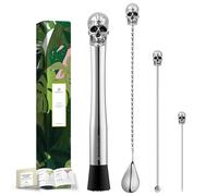 Homestia 4PCS Skull Muddler Set, 10 Inch 304 Stainless Steel Cocktail Muddler for Mojito and Fruit Drinks, Home Bar Tool Set of Bar Spoon Swizzle Stick Cocktail Pick Silver