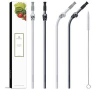 Homestia Stainless Steel Straw, 10.5'' Food Grade Reusable Metal Drinking Straws with 1 Cleaning Brush and Carry Pouch for Smoothie, Milkshake, Cocktail and Hot Drinks (Skull, Set of 4)