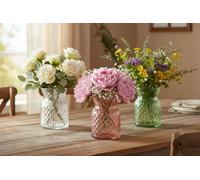 Homestreet Small Glass Flower Vase, 14cm Height, Waisted Neck, Diamond Textured Pattern, Decorative Bud Vase for Fresh or Artificial Flowers (Green)
