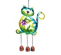 HomestreetUK Cute Cat Wind Chime Brightly Coloured Painted Metal Smiling Cat Hanging Windchime Green/Yellow or Orange/Green Diamante Gem (Green/Yellow)