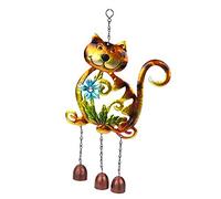 HomestreetUK Cute Smiling Cat Wind Chime in Brightly Coloured Painted Metal - Orange/Green with Diamante Gem