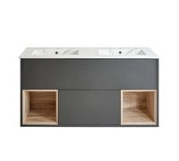 Homestylestore 1212mm Black Grey Wall Hung Bathroom Vanity Unit Led Lit Open Shelf Marble Effect Basin