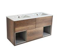 Homestylestore 1212mm Dark Oak Wall Hung Bathroom Vanity Unit Led Lit Open Shelf Marble Effect Basin