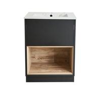Homestylestore 612mm Black Grey Bathroom Vanity Unit Led Lit Open Shelf Marble Effect Basin
