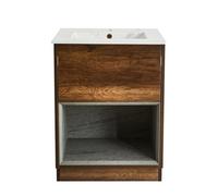 Homestylestore 612mm Dark Oak Bathroom Vanity Unit Led Lit Open Shelf Marble Effect Basin
