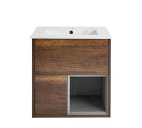 Homestylestore 612mm Dark Oak Wall Hung Bathroom Vanity Unit Led Lit Open Shelf Marble Effect Basin