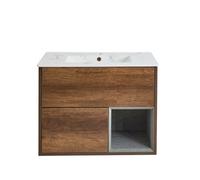 Homestylestore 812mm Dark Oak Wall Hung Bathroom Vanity Unit Led Lit Open Shelf Marble Effect Basin