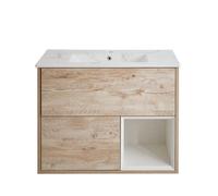 Homestylestore 812mm Light Oak Wall Hung Bathroom Vanity Unit Led Lit Open Shelf Marble Effect Basin