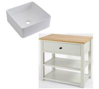 Homestylestore 840mm Antique White And Oak Bathroom Vanity Unit With Square Countertop Basin And Black Round Handles