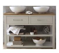 Homestylestore Antique White And Oak 1215mm Bathroom Vanity Unit With Two Round Countertop Basins And Chrome T Bar Handles