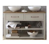 Homestylestore Antique White And Oak 1215mm Bathroom Vanity Unit With Two Round Countertop Basins And Aged Bronze T Bar Handles