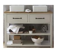 Homestylestore Antique White And Oak 1215mm Bathroom Vanity Unit With Two Square Countertop Basins And Black T Bar Handles
