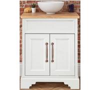 Homestylestore Antique White And Oak 645mm Bathroom Vanity Unit With Round Countertop Basin And Aged Bronze T Bar Handles