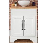 Homestylestore Antique White And Oak 645mm Bathroom Vanity Unit With Round Countertop Basin And Black T Bar Handles