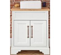 Homestylestore Antique White And Oak 645mm Bathroom Vanity Unit With Square Countertop Basin And Aged Bronze T Bar Handles