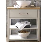 Homestylestore Antique White And Oak Bathroom Cloakroom Vanity Unit With Round Countertop Basin And Aged Bronze T Bar Handle