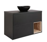 Homestylestore Black Grey 1000mm Led Lit Wall Hung Bathroom Vanity Unit With Oval Countertop Basin And Graphite Basin