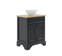 Homestylestore Black Grey And Oak 645mm Bathroom Vanity Unit With Round Countertop Basin And Black T Bar Handles