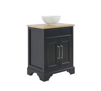 Homestylestore Black Grey And Oak 645mm Bathroom Vanity Unit With Round Countertop Basin And Chrome T Bar Handles