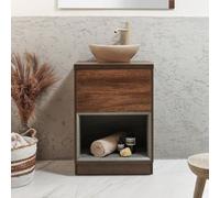 Homestylestore Dark Oak 600mm Led Lit Bathroom Vanity Unit Oval Sand Countertop Basin Open Shelf
