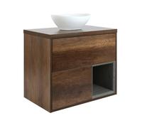 Homestylestore Dark Oak 800mm Led Lit Wall Hung Bathroom Vanity Unit Oval Chalk Countertop Basin Open Shelf