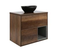 Homestylestore Dark Oak 800mm Led Lit Wall Hung Bathroom Vanity Unit Oval Countertop Graphite Basin Open Shelf