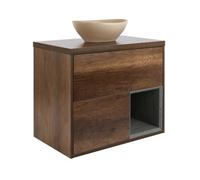 Homestylestore Dark Oak 800mm Led Lit Wall Hung Bathroom Vanity Unit Oval Sand Countertop Basin Open Shelf