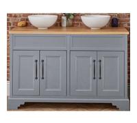 Homestylestore Light Grey And Oak 1210mm Bathroom Vanity Unit With 2 Round Countertop Basins And Black T Bar Handles